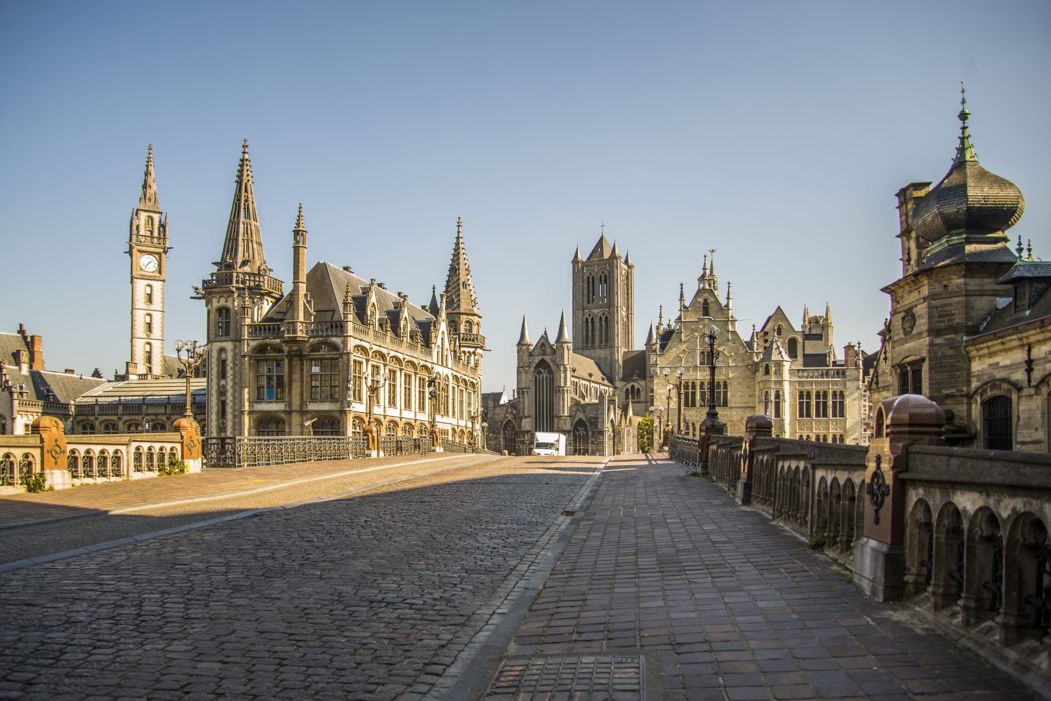 Belgium Capital with brick road and old buildings