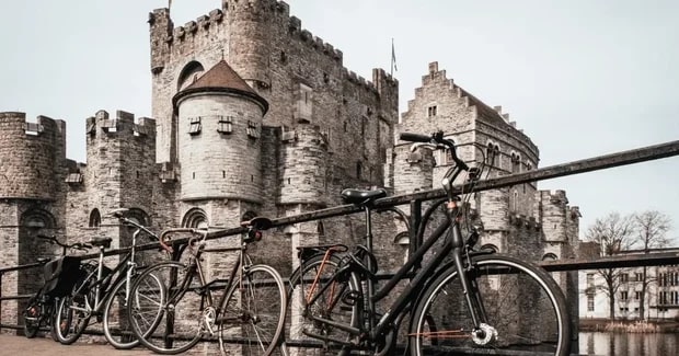 Belgium Castle and Bikes on Bridge