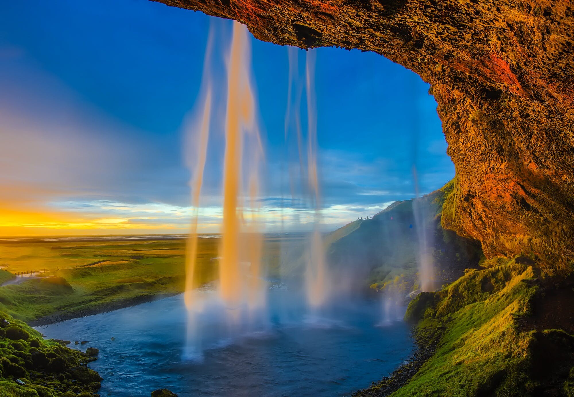 beautiful waterfall at sunset