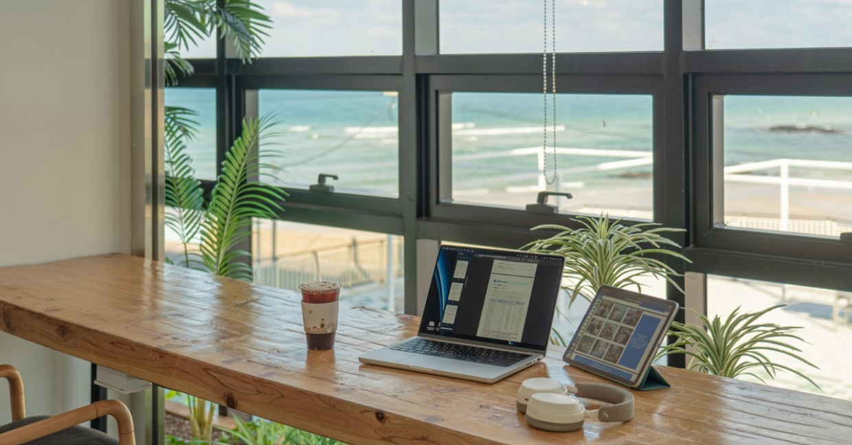 desk with a laptop